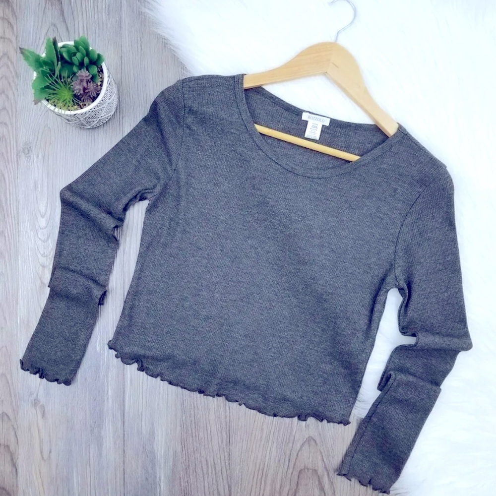 Bozzolo Womens Thermal Crop Top Waffle Knit Long Sleeve Size L Gray NWT - Picture 2 of 8